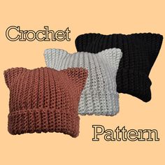 three knitted pillows with the words crochet written below them in black, white, and brown