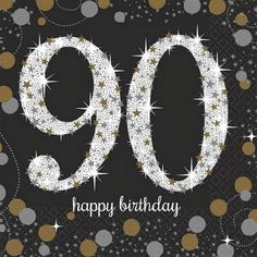 a black and gold birthday card with the number 90 in it's center surrounded by confetti