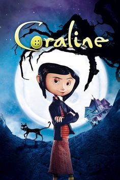 a cartoon character standing in front of a full moon with the words coraline on it