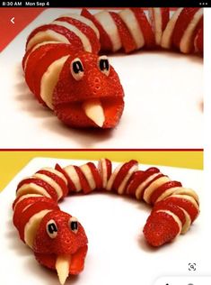 two pictures of the same snake made out of strawberries