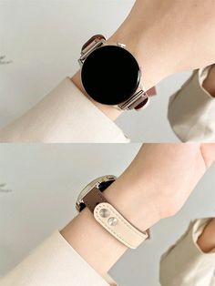 two different views of a woman's wrist with a smart watch on the side