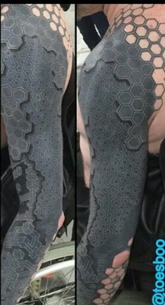 two pictures of the same person with their arm and leg covered in black laces