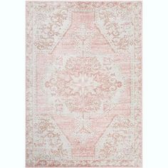 a pink and white rug with an ornate design on the bottom, in front of a white background