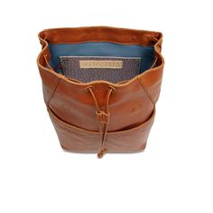 a brown leather bag with an open pocket