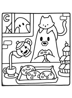 a black and white drawing of some animals in a room with food on the table