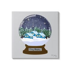 a snow globe with houses and trees in it on a white background that says merry christmas