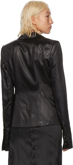 Long sleeve satin blazer in black. Notched lapel collar. Single-button closure at front. Flap pockets at waist. Five-button surgeon's cuffs. Twin vents at back hem. Welt pockets at interior. Tonal cupro twill lining. Supplier color: Black Satin Blazer, Rick Owens, Lapel Collar, Black Satin, Luxury Streetwear, Flap Pocket, Welt Pocket, Chef's Jackets, Leather Jacket