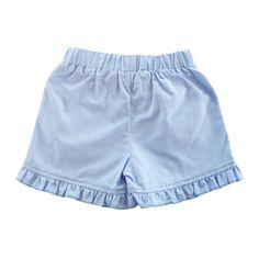 Girls Ruffle Hems Shorts, Elastic Waist. With Pockets. 100% Cotton Cute Bottoms With Built-in Shorts For Playwear, Shorts With Built-in Shorts For Playwear, Summer Cotton Pajama Shorts In Solid Color, Cotton Ruffled Short Bloomers, Cotton Bloomers With Elastic Waistband For Playwear, Blue Ruffled Bloomers For Summer, Short Cotton Bottoms With Ruffles, Cute Blue Summer Bloomers, Summer Blue Ruffled Bloomers