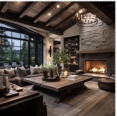 a living room filled with furniture and a fire place in the middle of it's walls