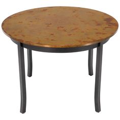 a small round table with metal legs and a brown surface on the top, against a white background