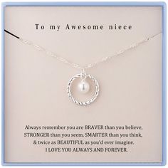 PRICES MAY VARY. Material:The necklace is made of 925 Sterling Silver .Chain Length 18inches. Hiqh quality will not turn your skin green or red or itchy. The Meaning: To my Awesome niece.Always remember you are BRAVER than you believe,STRONGER than you seem, SMARTER than you think, & twice as BEAUTIFUL as you'd ever imagine.I LOVE YOU ALWAYS AND FOREVER. Unique Gift:Gift for Niece.To Show How Much You Love Her. Occasion:Birthday,Mothers day,Thanksgiving,Christmas,Anniversary. A complete set of g Gifts For Niece On Wedding Day, Gifts For Niece From Aunt, Letter For Aunt From Niece, Long Distance Aunt And Niece, Gifts For Teen Niece From Aunt, Aunt Necklace Gift, Aunt Niece, Niece Gifts, Burning Love