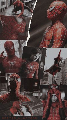 the spider - man movie poster is shown in black and white, with multiple images