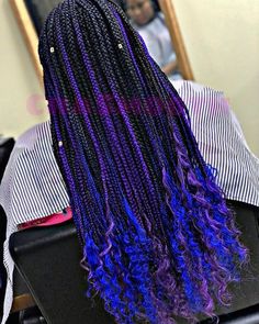 Purple And Blue Braids, Box Braids Curly Ends, Box Braids Curly, Braids Curly Ends, Box Braids With Curly Ends, Purple Box Braids, Blue Braids, Braids With Curly Ends, Goddess Box Braids