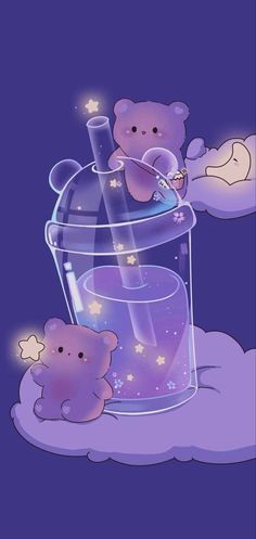 two teddy bears in a glass container with stars on the bottom and one bear inside