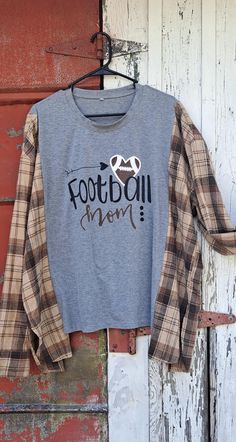 Football Mom Upcycled Tshirt Flannel size LARGE Casual Plaid Cotton T-shirt, Plaid Cotton Tops With Letter Print, Fall Oversized Graphic Tee, Casual Plaid T-shirt With Graphic Print, Casual Plaid T-shirt For Fall, Upcycled Tshirt, Upcycle Tshirt, Football Mom, Upcycle Clothes