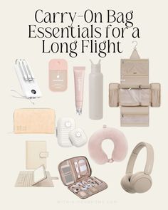 carry - on bag essentials for a long flight with tons of beauty products and accessories