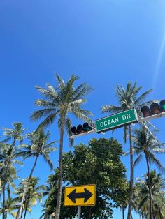 a street sign that reads ocean dr with palm trees and blue sky in the background