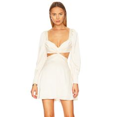 Purchased From Revolve. Nwt! Purchased For Bridal Event But Never Wore. Elegant Off-white Mini Dress For Day Out, Chic Off White Mini Dress For Date Night, Off-white Long Sleeve Mini Dress For Brunch, Off White Long Sleeve Mini Dress For Brunch, White Cutout Cocktail Dress, Chic Off-white V-neck Mini Dress, Chic Off White V-neck Mini Dress, White Cutout Mini Dress For Brunch, Chic Cutout Mini Dress For Brunch