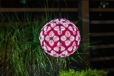 a red and white umbrella sitting on top of a lush green plant covered ground next to tall grass