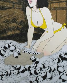 a painting of a woman in yellow bathing suit surrounded by pandas on the ground