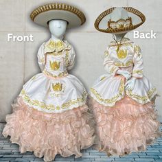 Beautifully handmade by artesan hands in Mexico Embroidered and elegantly stitched  Very good quality material  The gold ruffle from below is an underskirt that detaches to make a shorter dress... Includes: 💖corset, jacket 💖detachable skirt 💖charro bow 💖charro hat Please allow 21-30 days for your order to process and ship. Traditional Pink Ruffled Dress, Mariachi Dress, Charro Hat, Pink Gold Dress, Mariachi Suit, Corset Jacket, Pink And Gold Dress, Detachable Skirt, Old Dresses