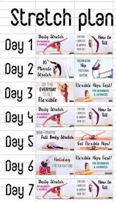 a poster with the words stretch plan on it and pictures of women doing yoga poses