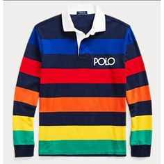 Polo Ralph Lauren Rainbow Striped Rugby Classic Fit Jersey Shirt Men Size Medium. Brand New With Tags Check All Pictures For Details And Measurements We Will Pack And Ship Out Fast Casual Blue Shirt With Contrast Stripes, Blue Cotton Shirt With Contrast Stripes, Blue Long Sleeve Shirt With Contrast Stripes, Striped Long Sleeve Polo Shirt, Navy Long Sleeve Tops With Contrast Stripes, Multicolor Long Sleeve Cotton Polo Shirt, Navy Long Sleeve Color Block Top, Multicolor Crew Neck Top With Contrast Stripes, Classic Multicolor Long Sleeve Tops