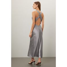 Grey satin (100% Silk). Shift. Sleeveless. Mock neck. Back zipper closure. Imported. Sleeveless Sleek Satin Dress For Spring, Sleeveless Satin Finish Summer Halter Dress, Spring Sleeveless Satin Finish Midi Dress, Satin Finish Sleeveless Halter Dress For Summer, Sleeveless Satin Finish Midi Dress For Spring, Sleeveless Satin Finish Halter Dress For Summer, Sleeveless Satin Halter Dress For Summer, Sleeveless Satin Halter Dress With Satin Finish, Sleeveless Satin Halter Dress