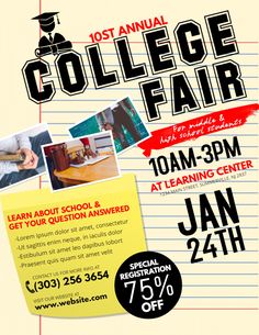 an advertisement for the college fair with photos and notes on lined up paper, including one student's name