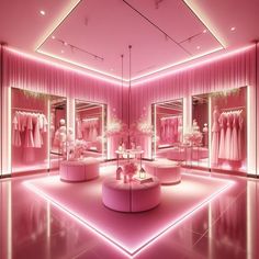 a room filled with lots of pink furniture and lighting on the walls next to windows