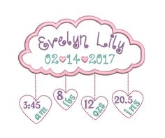 an embroidered cloud with hearts hanging from it's sides and the words evelyn lily on top