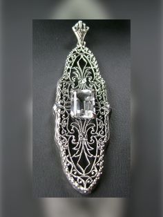 Natural White Topaz Pendant Antique Silver Pendant Necklace With Filigree, Art Deco Filigree Pendant Necklace, Blue Filigree Pendant Jewelry, Sterling Silver Filigree Amulet Jewelry, Art Nouveau Sterling Silver Pendant, Art Deco Brooch, Pendant With Chain, Gorgeous Art, Engraved Items