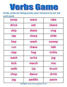 the verbs game is shown in red and blue with words that spell it out