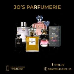 an ad for jo's parfumerie featuring perfume bottles