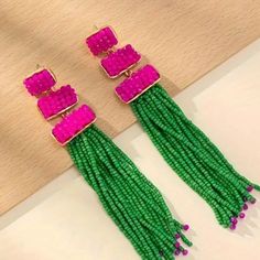 With A Post Back And Elegant All-Over Detailing, These Earrings Are A Scene Stealer. Beautiful Craftsmanship Done With Pink And Green Seed Beads. Approximately 5" In Overall Length. These Are Brand New And Ready To Ship. I Can Have Them In The Mail The Same Day If Your Order Is Complete By Noon Cst. Trendy Pink Beaded Earrings With Round Beads, Trendy Pink Beaded Earrings, Pink Beaded Earrings For Party, Pink Elegant Beaded Earrings For Beach, Elegant Pink Beaded Earrings For Beach, Pink Beaded Earrings With Dangling Beads For Party, Green Tassel Earrings With Colorful Beads, Pink Dangling Bead Earrings For Party, Pink Tassel Drop Earrings With Colorful Beads