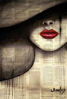 a drawing of a woman's face with red lipstick on top of newspaper pages