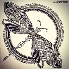 a black and white drawing of a dragonfly in a circular frame with words written on it