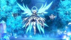 an animated image of a woman with wings in front of some trees and ice crystals