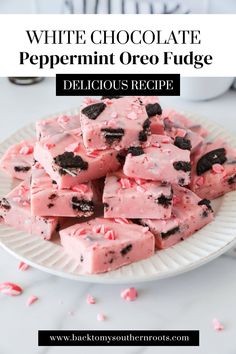 white chocolate peppermint oreo fudge on a plate