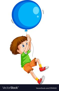 a boy holding a blue balloon above his head