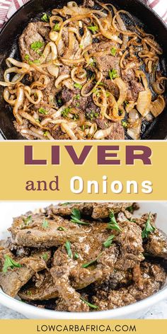 Cast iron pan and white bowl with liver and onions and with Pinterest overlay. Ox Liver Recipe, Smoked Ham Recipe, Gizzards Recipe, Chicken Liver Recipes