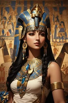 an egyptian woman with long black hair and gold jewelry in front of a wall painting