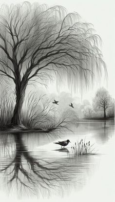 a black and white drawing of two birds in the water next to a large tree