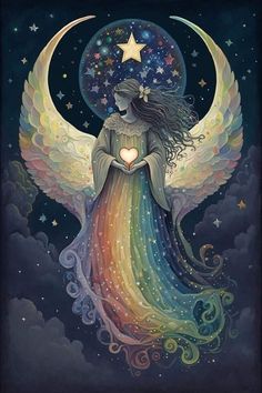 an angel holding a heart in her hands with the moon and stars above it,