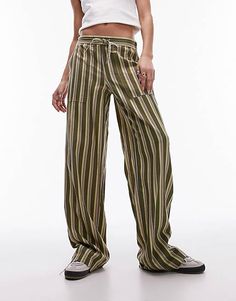 Topshop low rise stripe draw string straight leg linen mix pants in multi | ASOS Trendy Wide Leg Bottoms With Vertical Stripes, Trendy Striped Wide Leg Pants, Trendy High-waisted Bottoms With Vertical Stripes, Green Bottoms With Vertical Stripes For Summer, Green Vertical Stripes Bottoms For Summer, Striped Straight Leg Bottoms With Pockets, Striped Straight Leg Bottoms With Elastic Waistband, Relaxed Fit Bottoms With Vertical Stripes For Summer, Spring Relaxed Fit Bottoms With Vertical Stripes