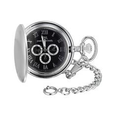 Ready to be treasured, this stylish quartz pocket watch from James Michael elevates your look. With a sleek brushed finish, the case reveals a patterned black dial with silver-tone Roman numerals and hands Three eyes on the dial capture weekday, date and military time This style measures 1 4/5" x 2 1/2" x 1/2" The 13-inch Waldemar silver-tone curb chain secures with a spring ring clasp Silver Chronograph Pocket Watch For Formal Occasions, Classic Silver Stainless Steel Pocket Watch, Timeless Silver Stainless Steel Pocket Watch, Silver Stainless Steel Pocket Watch, Timeless Silver Pocket Watch With Subdials, Classic Silver Pocket Watch With Chronograph, Classic Silver Pocket Watch With Stopwatch, Classic Silver Chronograph Pocket Watch, Classic Pocket Watch With Stopwatch And Round Dial