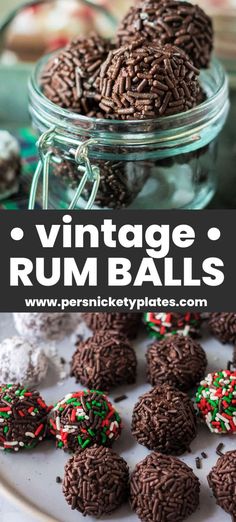 vintage rum balls with chocolate and sprinkles in a glass jar on a white plate