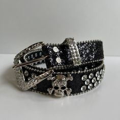 Y2k 2000s Skull Rhinestone Crystal Goth Emo Punk Belt Mad Opium These Belts Are Unisex! Faux Leather Beautiful Crystal Design One Size Fits Most 1.5w X 41.5l Brand New Bundle Bundle Bundle Belt With Rhinestones, Y2k Emo Jewelry, Emo Accessories 2000s, Emo Items, Y2k Emo Clothes, 2000s Fashion Emo, 2000 Emo Fashion, Goth Wishlist, Emo Clothes 2000s