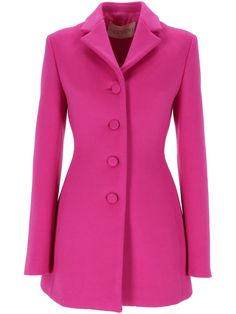 Find VALENTINO Valentino Pap Coats on Editorialist. Valentino Ready To Wear pink virgin wool-cashmere blend felted finish front button fastening notched lapels long sleeves dart detailing fitted waistline two side inset pockets full lining straight hem Hot Pink Coat, Valentino Ready To Wear, Red Valentino Dress, Pink Coat, Red Valentino, Wear Pink, Coat Dress, Long Coat, Wool Coat