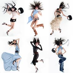 four women in different poses with hats on their heads and hair flying through the air